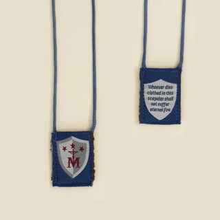 Premium Brown Scapular, Blue & White, Shield (Kids’ Size)