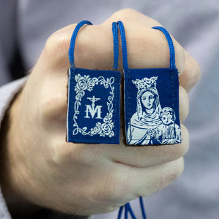 Premium Brown Scapular, Blue & White Rose