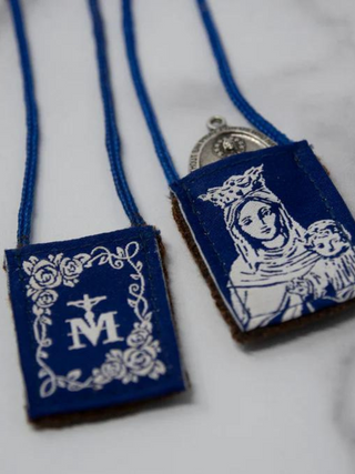 Premium Brown Scapular, Blue & White Rose