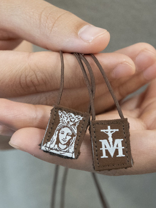 Premium Brown Scapular, Brown & Cream, Our Lady of Mt. Carmel (mini)